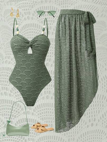 Swim Oasis Women's Hollow Out Textured Fabric Contrast Color Beaded Design Elegant Minimalist Lady Style High-End Swimsuit Set, 26ss Series Beach Party Resort Style One-Piece