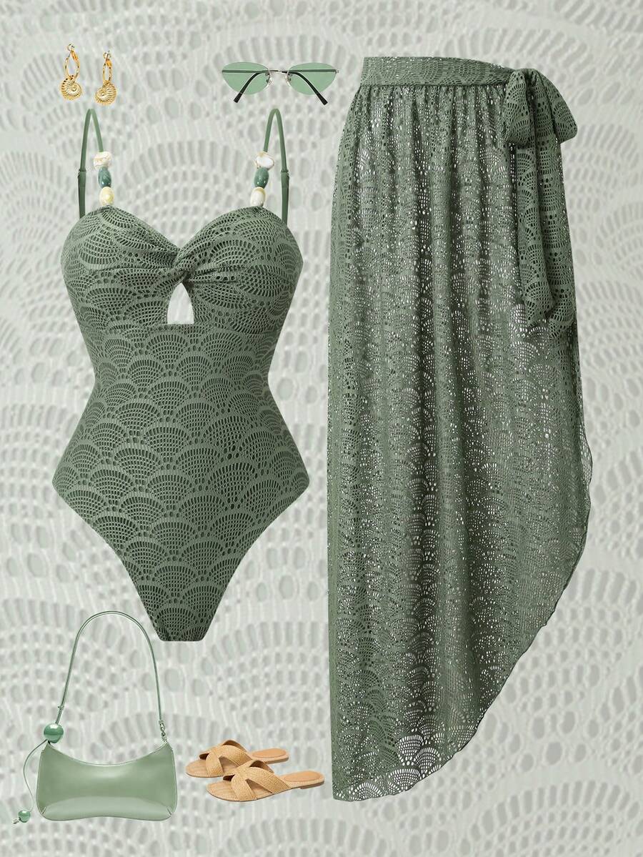 Swim Oasis 女士镂空纹理面料撞色串珠设计优雅简约女士风格高端泳衣套装，26ss系列沙滩派对度假风连体泳衣 - 綠色 - 查看 1
