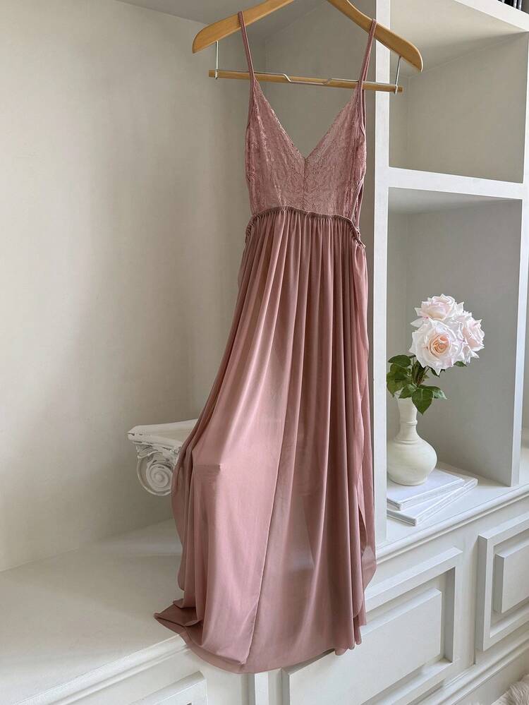 Sheer Lace Contrast Mesh Waist Cinching High Slit Backless Spaghetti Strap Sexy Nightgown Lingerie For Women