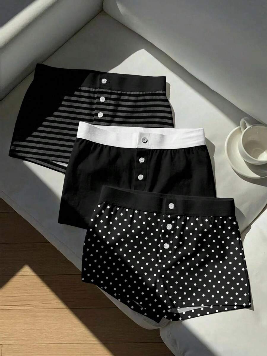 Comfortcana Quần short nữ thời trang cài nút, phối màu tương phản, co giãn, thoáng khí, thoải mái, nhiều màu in họa tiết sọc đen xám, đen trơn, chấm bi đen trắng, đồ mặc nhà dễ thương, đồ đi học, quần short chấm bi mùa thu dành cho nữ. - Nhiều màu - Xem 1