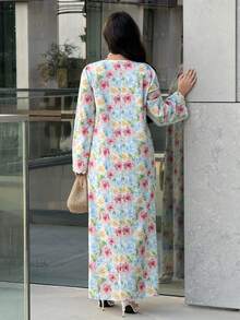 Yasmyna Women's Floral Print V-Neck Elegant Arabic Style Dress Summer Dress With Sleeve Floral Dress For Women - Multicolor - View 4