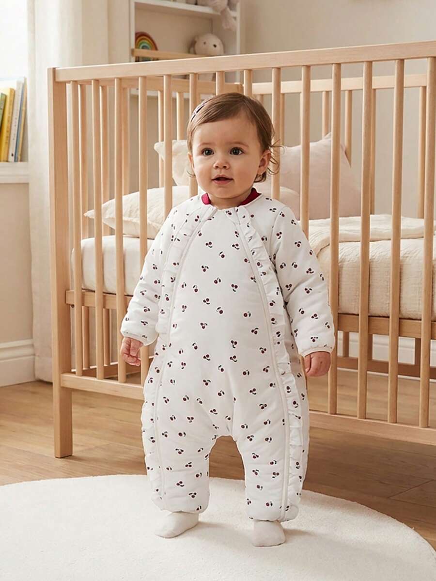 Cozy Pixies 1件婴儿加厚樱桃印花分腿荷叶边睡袋