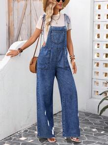 Breezaya 女士夏季休闲口袋系带露肩直筒牛仔连体裤 - 藍色 - 查看 8