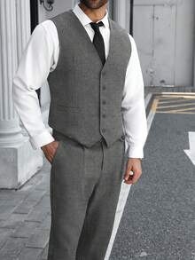 Manfinity Mode Plus Size Men's Lapel NeckLong Sleeve Jacket, Single-Breasted Vest And Pants Business Suit Set