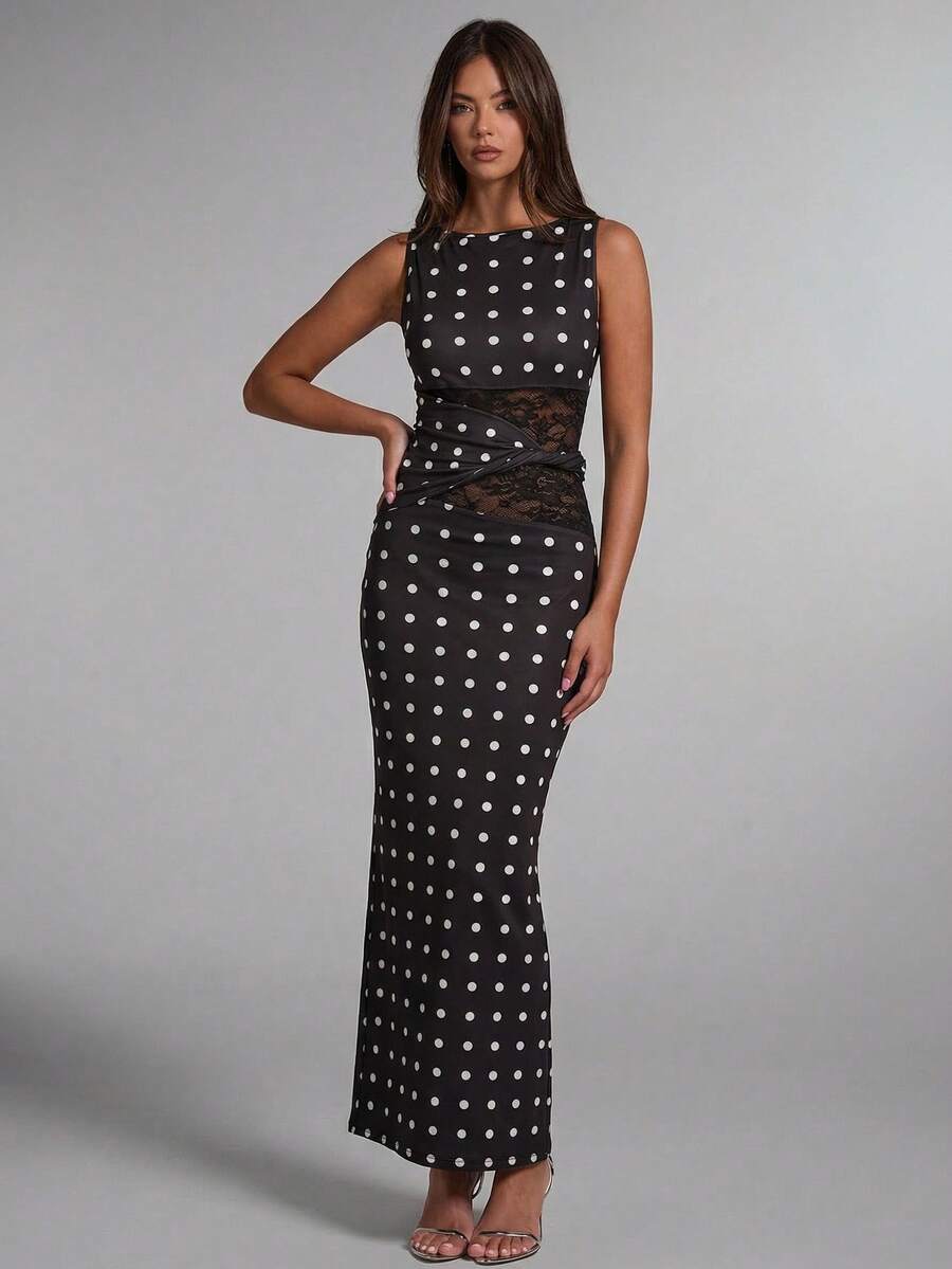 ATUI Studio 女士优雅黑色蕾丝拼接长款连衣裙，适合派对、新年庆祝活动等正式场合 - 黑色 - 查看 1