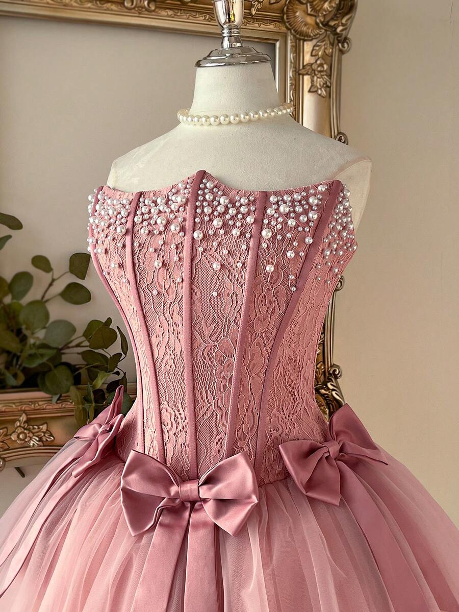 Lovelzi Elegant Dusty Pink Romantic Lace & Mesh Puff Skirt Bandeau Boned Bodice With Detachable Bow Tie Back Adjustable Straps, Suitable For Beach, Date, Birthday, Party, Graduation, Wedding, Prom - Dusty Pink - View 1