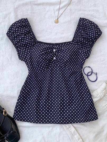 Blusa de línea A con adorno floral vintage, estilo casual universitario