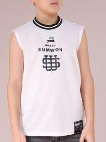 SUMWON Sleeveless Crew Neck Mesh Tank Top With Striped Collar Detail And Printed Logo Design For Summer Casual - White - View 4