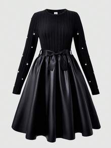 SHEIN ChillGRL MODELY Tween Girl 女童针织拉绒罗纹拼布 PU 皮革下摆连衣裙，串珠袖子和腰带装饰，甜美淑女风格，适合春秋季休闲、派对、度假 - 黑色 - 查看 3