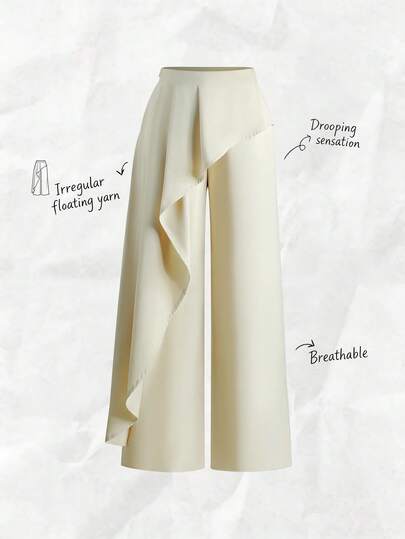 Olithes Women's Elegant Apricot Wide Leg Pants Long Length Plain Woven Fabric With Stylish Irregular Floating Yarn And Zipper Ruffle Pants Cream Pants Asymmetrical Skirt Pants Pants Wide Leg Skirt Pants