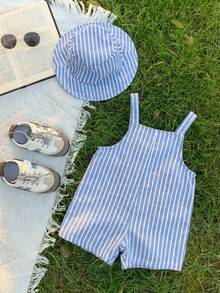 Set de 2 piezas de peto a rayas y sombrero de cubo de verano para bebé niño/niña, conjunto casual para el hogar, salidas y playa - Multicolor - Ver 10