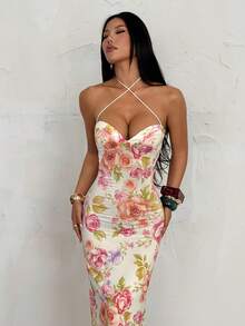 SHEIN PETITE 女士印花露背吊带收腰优雅长裙，适合派对和各种活动 - 粉色 - 查看 6