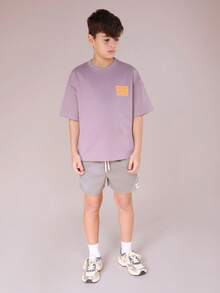 SUMWON Boys Summer Two Piece Crew Neck T-Shirt And Shorts Co-Ord Set With Tropical Palm Tree Print Casual Vacation - Purple - View 2