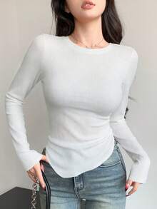 DAZY 不对称设计修身长袖女式T恤 - 白色 - 查看 5