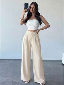 Firerie 女士优雅休闲阔腿裤，杏色纯色高腰褶裥宽松长裤，时尚百搭，新款春夏裤装，度假裤 - 杏色 - 查看 8