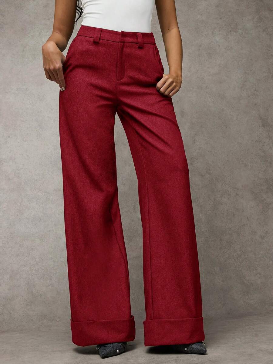 SHEIN BAE Quần dài lưng thấp đơn giản dệt chéo màu xám trơn dành cho nữ, thích hợp để đi làm, thường ngày, đi chơi thời trang, cổ điển sang trọng, công sở, mùa đông - Màu Đỏ Sâu - Xem 1