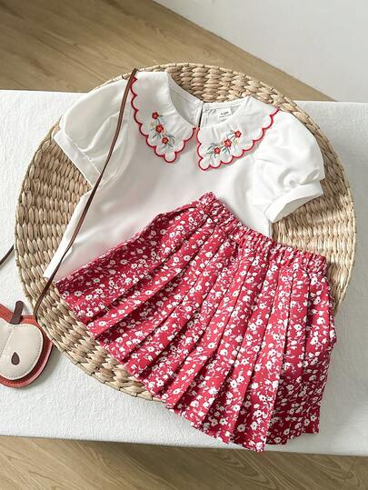 Playful Pals 两件套女婴休闲花卉刺绣泡泡袖衬衫和花卉图案荷叶边下摆半身裙套装，适合春夏、度假、外出、派对、日常穿着。