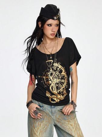 Grunge Punk Damen Lässig Dark Romantic Punk Piratenschiff Anker Buchstaben Muster Oversized Rundhals Fledermausärmel Kurzarm T-Shirt, Sommer