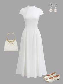 SHEIN Teen Girl Elegant Fitted Short Sleeve Waist-Cinching Solid Color Long Dress Teen Girl - White - View 3