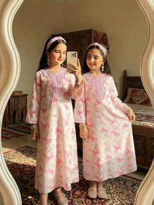 SHEIN Young Girl Embroidered Butterfly Print Casual Loose Long Sleeve Dress For Daily Wear Flower Girl For Wedding - Pink - View 6
