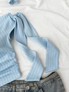 SHEIN Teen Girl Summer Tops Asymmetrical Shoulder Tie Strap Fitted Crop Top, Suitable For Party, Vacation, Music Festival, Boho, Holiday, Afternoon Tea Light Blue Top Cute Summer Tops Aesthetic Cute Tops Summer Pastel Blue Summer Top Summer Pastel Blue - Blue - View 5