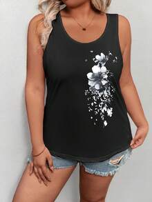 EMERY ROSE Plus Size Women's Summer Floral Pattern Tank Top - Black - View 3