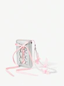 Viva Strut 1 chiếc ví ngắn màu bạc và hồng với dây đeo thắt nơ, ví đựng tiền xu, khóa bấm, ví đựng thẻ gấp ba bằng da PU và nơ tua rua ngắn. Thời trang, cá tính, đơn giản, đa năng, phong cách đường phố, ngọt ngào và cá tính, dành cho các cô gái sành điệu, phong cách Y2K (Bao gồm dây đeo điện thoại) - Hồng - Xem 4