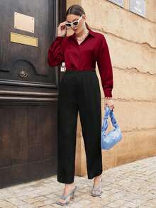 Modelyn Plus Size Women Loose Fit Satin Long Sleeve Shirt, Suitable For Commuting, Autumn - Burgundy - View 5