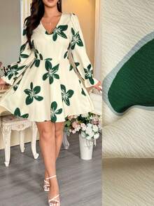 Vionelle 大码女装春夏新款连衣裙，褶皱质感印花长袖V领优雅浪漫连衣裙，A字宽松版型连衣裙 - 杏色 - 查看 10