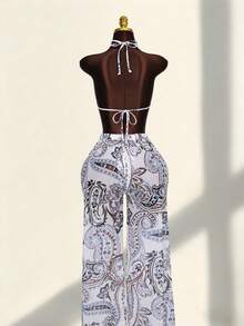 Zestiva 女士夏季度假柔白底复古佩斯利花纹挂脖比基尼套装，腰果花印花飘逸阔腿裤，轻盈复古宽松泳衣三件套 - 彩色 - 查看 2