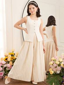 Conjunto de top sin mangas con botones y pantalones rectos elegante y casual para niña preadolescente