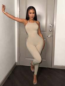 Slaydiva Women's Tight Jumpsuit,Light Beige,Summmer,Bandage,Night Out,Backless Sleeveless Cross Back Hip Pleated Sporty Gym Clothes,Khaki Pants - Khaki - View 6