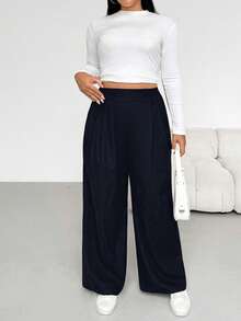 Shapeblank 大码女装秋冬时尚休闲宽松舒适日常百搭显瘦磨毛弹力腰黑色阔腿裤，秋季穿搭，女式下装，简约风格 - 藏蓝色 - 查看 6