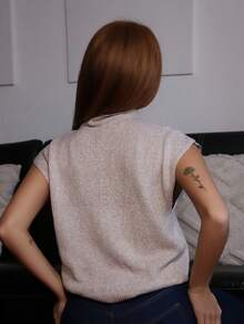 SILVIA DI SANTO 优雅高领宽松休闲百搭无袖针织毛衣背心外出上衣女秋冬上学上衣 - 杏色 - 查看 3