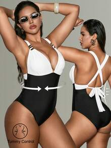 Shapewave 女士连体泳衣，肩带饰有金色螺旋纹，黑白撞色设计，露背系带，收腹，夏季海滩度假连体泳衣 - 黑與白 - 查看 6