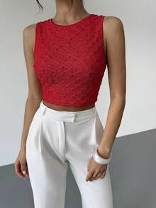 Firerie Women's Apricot Crew Neck Sleeveless Backless T-Shirt Top, Textured Fabric Top, Summer Top, Women's Casual Vacation Top - Red - View 5