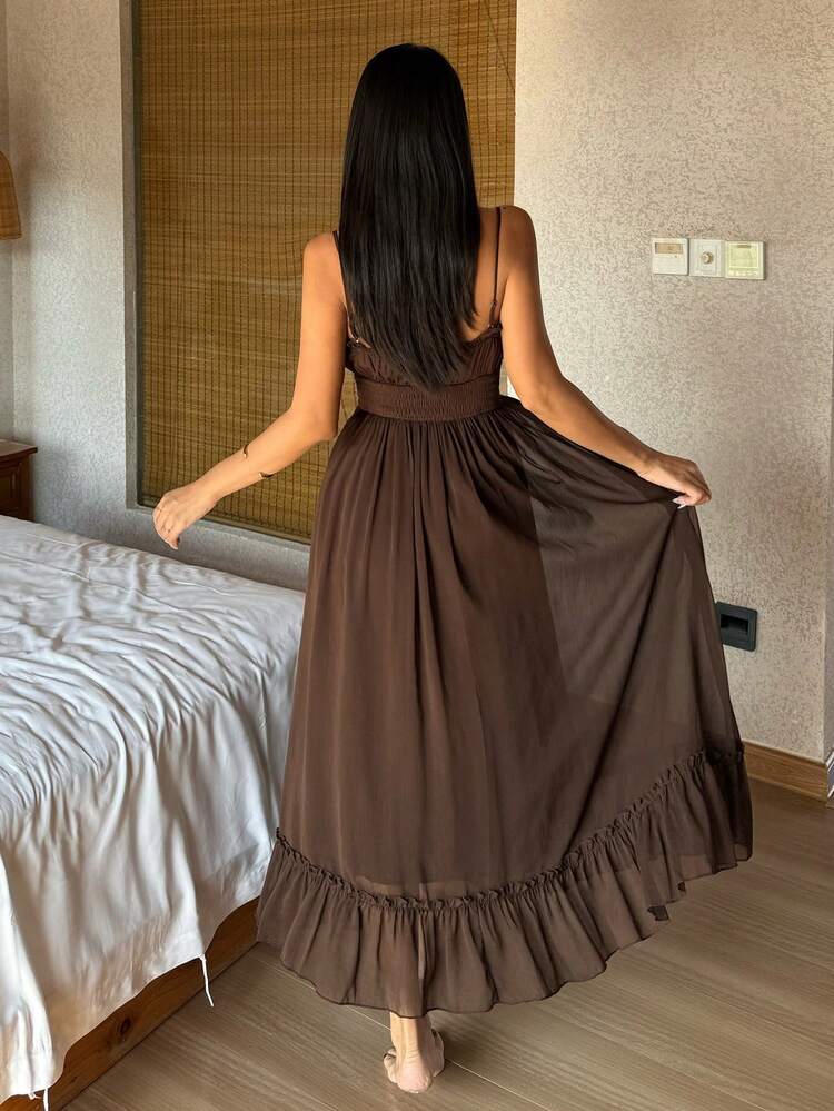 Romantic Chiffon Pleated Camisole Waist Maxi Dress With Ruffle Hem For Women