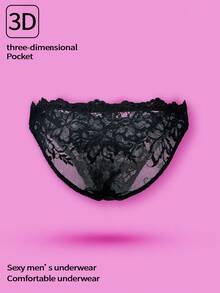 WENEZON Men's Lace Patchwork Sexy Sheer Briefs - Black - View 2