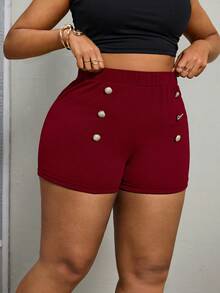 SHEIN PETITE CURVE Pantalones cortos de talla grande con cintura alta y detalles de botones para el verano - Burdeos - Ver 3