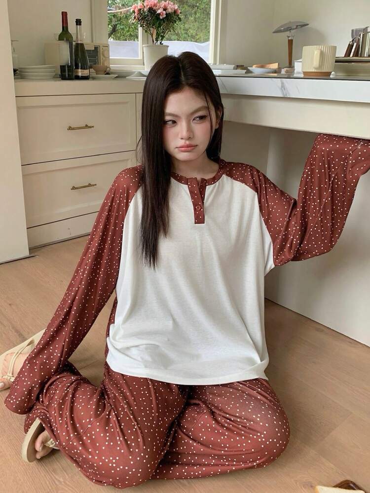 Dazy Plus Plus Size Women Contrast Color Patchwork Loose Long Sleeve Top And Polka Dot Long Pants Pajama Set, Spring/Summer