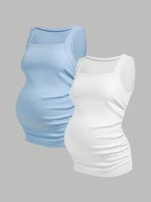 Modmama Top ajustado con pliegues de unicolor para maternidad, verano - Azul y blanco - Ver 4