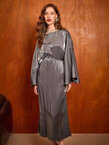 Uhlyne Women's Boat Neck Bat Sleeve Elegant Luxurious Party Dress - Grey - View 5