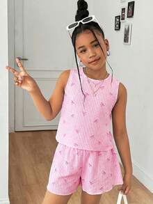 SHEIN 2pcs/Set Tween Girls Casual Textured Fabric Bow Back Camisole Top And Shorts Set - Pink - View 3