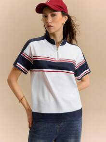 Hanevo Áo thun nữ cổ tròn kẻ sọc, khóa kéo kim loại ở vai, kiểu dáng thường ngày, đa năng cho đi làm, thích hợp cho mùa xuân/hè. - Nhiều màu - Xem 4