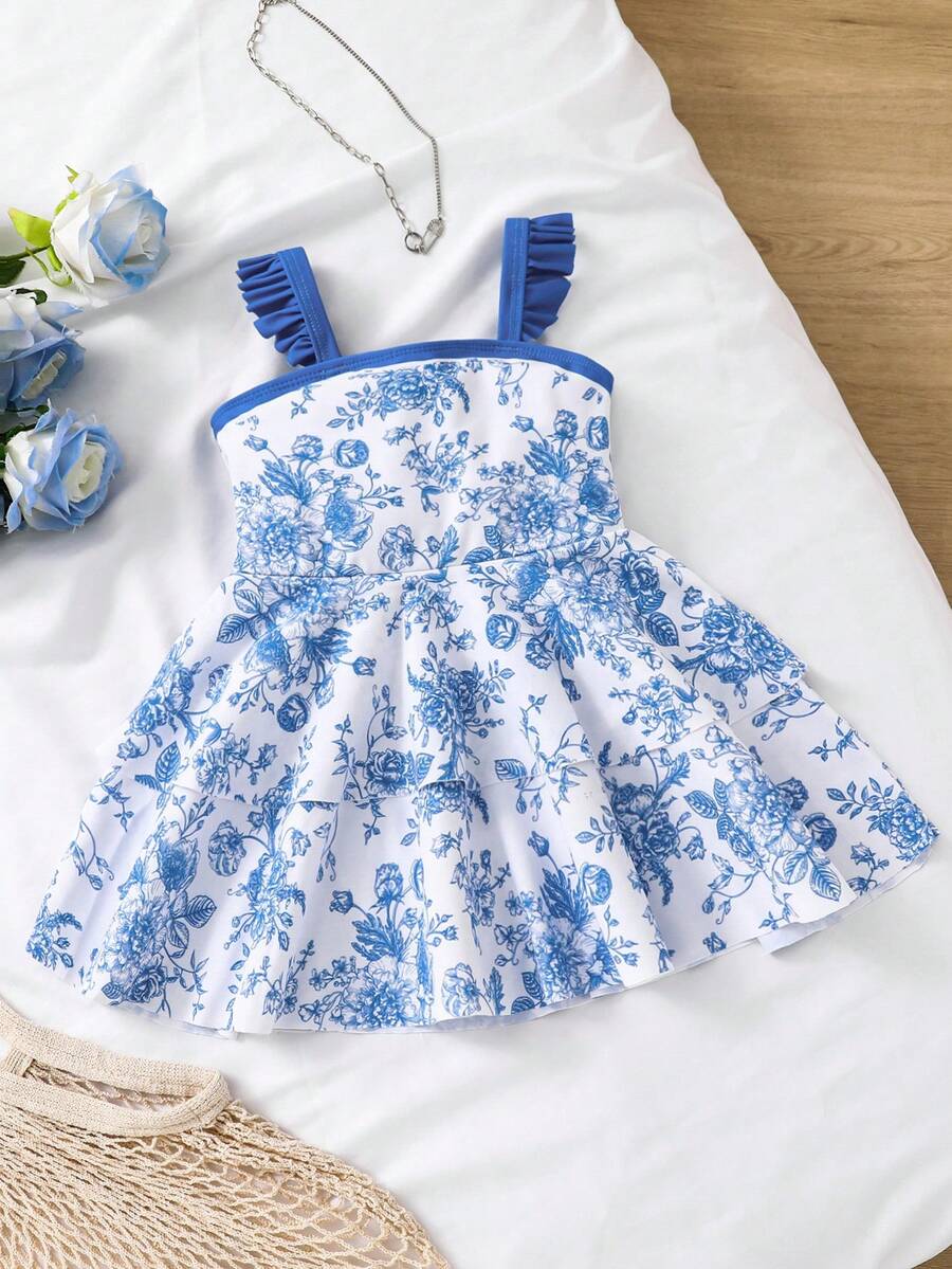 Emery Rose Kids 女童/少女蓝色碎花荷叶边连体泳衣配沙滩裙 - 藍色 - 查看 1