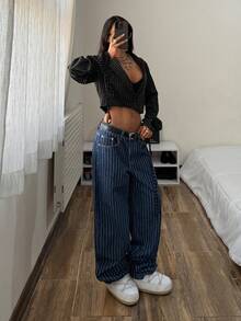 StreetHx Fashionable Casual Street Style Striped Low-Waist Straight Leg Jeans - Medium Wash - View 3