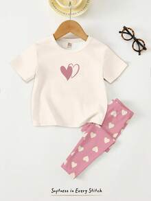 SHEIN Cream White & Pink, Sweet Minimalist Heart Pattern Print, Cute Deer Outfit, Baby Girl Casual Comfortable Soft Round Neck Short Sleeve T-Shirt And Leggings, Suitable For Spring/Summer Daily, Home, Vacation, Street, Party - Multicolor - View 4