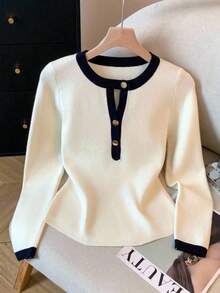 SHEIN PETITE Tricou cu mânecă lungă, cu blocuri de culori, la modă nouă, de primăvară/toamnă, versatil pentru purtare zilnică - Caisă - Vizualizare 1