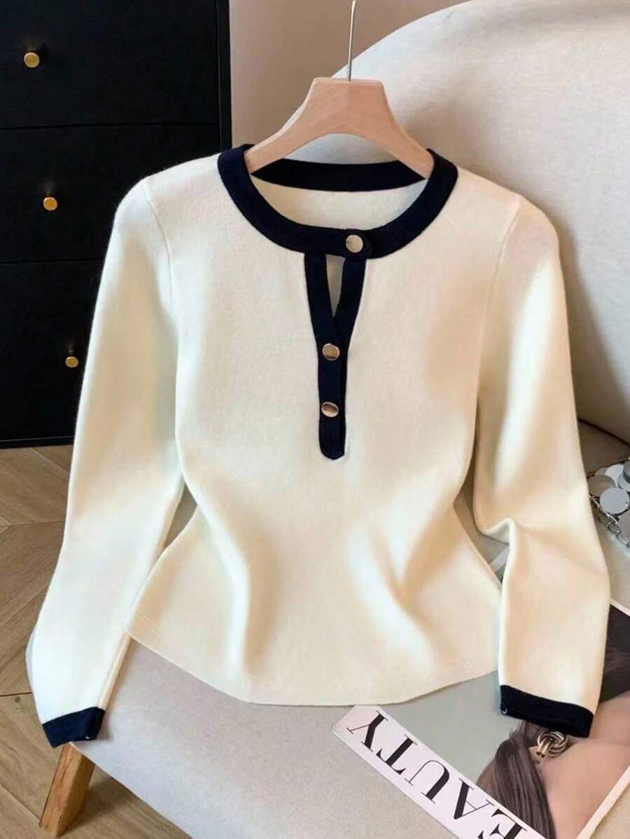 SHEIN PETITE Tricou cu mânecă lungă, cu blocuri de culori, la modă nouă, de primăvară/toamnă, versatil pentru purtare zilnică - Caisă - Vizualizare 1