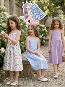 Vintaside Kids Girls' 3-Piece Camisole Dress Set, Elastic Leopard Print & Striped Sleeveless Dress, Perfect For Summer Vacation Parties With Multi-Color Casual Collars, Color Blocking, Leopard Print, Floral Prints, Camisole Vest Embellishment, Medium Elasticity - Multicolor - View 5